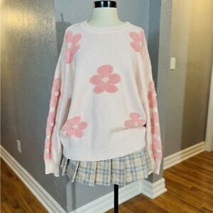 Plus Size 2X Pink Sweater with Flower and Pearl Details Cozy Winter Fall